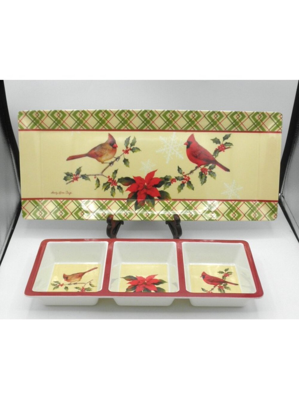 Evergreen Brand Melamine Christmas Serving Set Sandy Lynam Clough Cardinal Bird